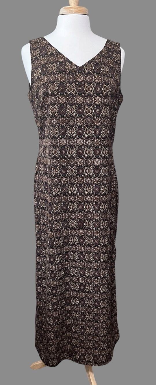 Studio I Dress Womens 12 90s Black Brown Ikat Dark Academia Grunge Maxi Sheath